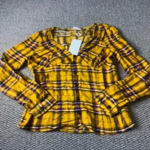 Vila women’s blouse shirt yellow plaid long sleeves button up NWT